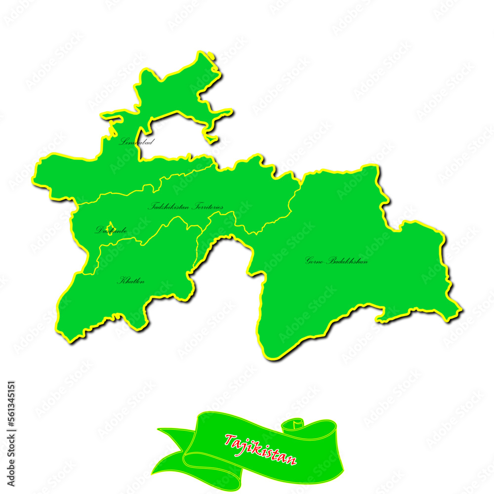 Vector map of Tajikistan with subregions in green country name in red