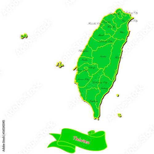 Vector map of Taiwan with subregions in green country name in red photo