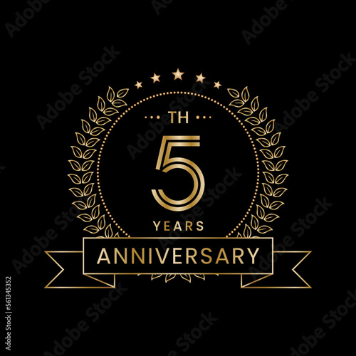 5th Anniversary logo design with laurel wreath for celebration event, invitation, banner, poster, flyer, greeting card. Line Art Design, Logo Vector Illustration