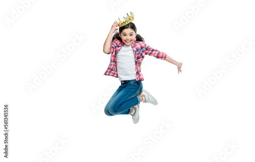 childhood of girl in crown in studio. childhood of girl in crown on background. photo of girl in crown