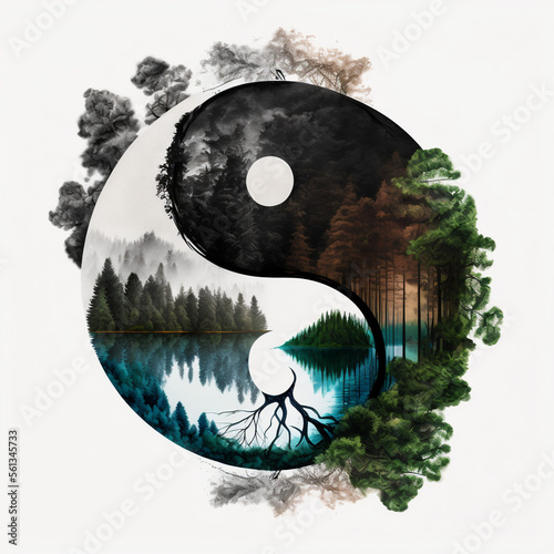 double exposure of yin yang symbol with forest and lake