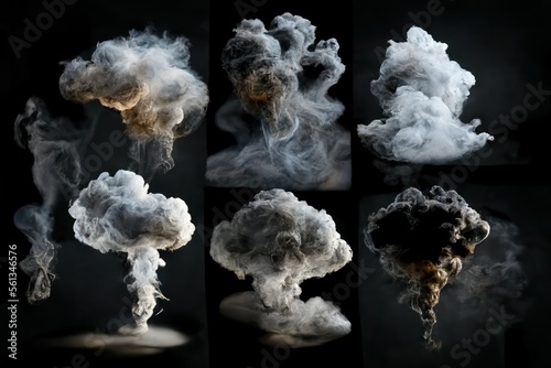 set of smoke or steam clouds flame isolated on black background