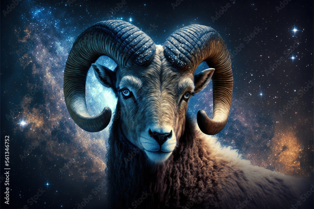 sign Aries, ram with magic light and stars in space, AI Stock-illustration | Stock