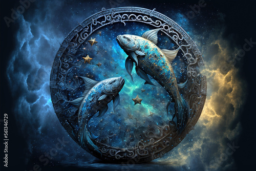 Zodiac sign of Pisces, fantasy fish with magic light in space, generative AI photo