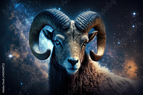 Zodiac sign of Aries, ram with magic light and stars in space, generative AI photo