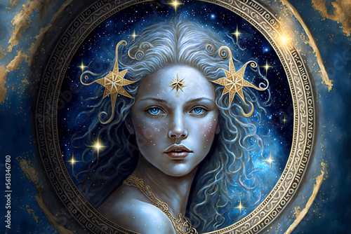 Zodiac sign of Virgo, fictional beautiful woman with magic starry sky, generative AI photo