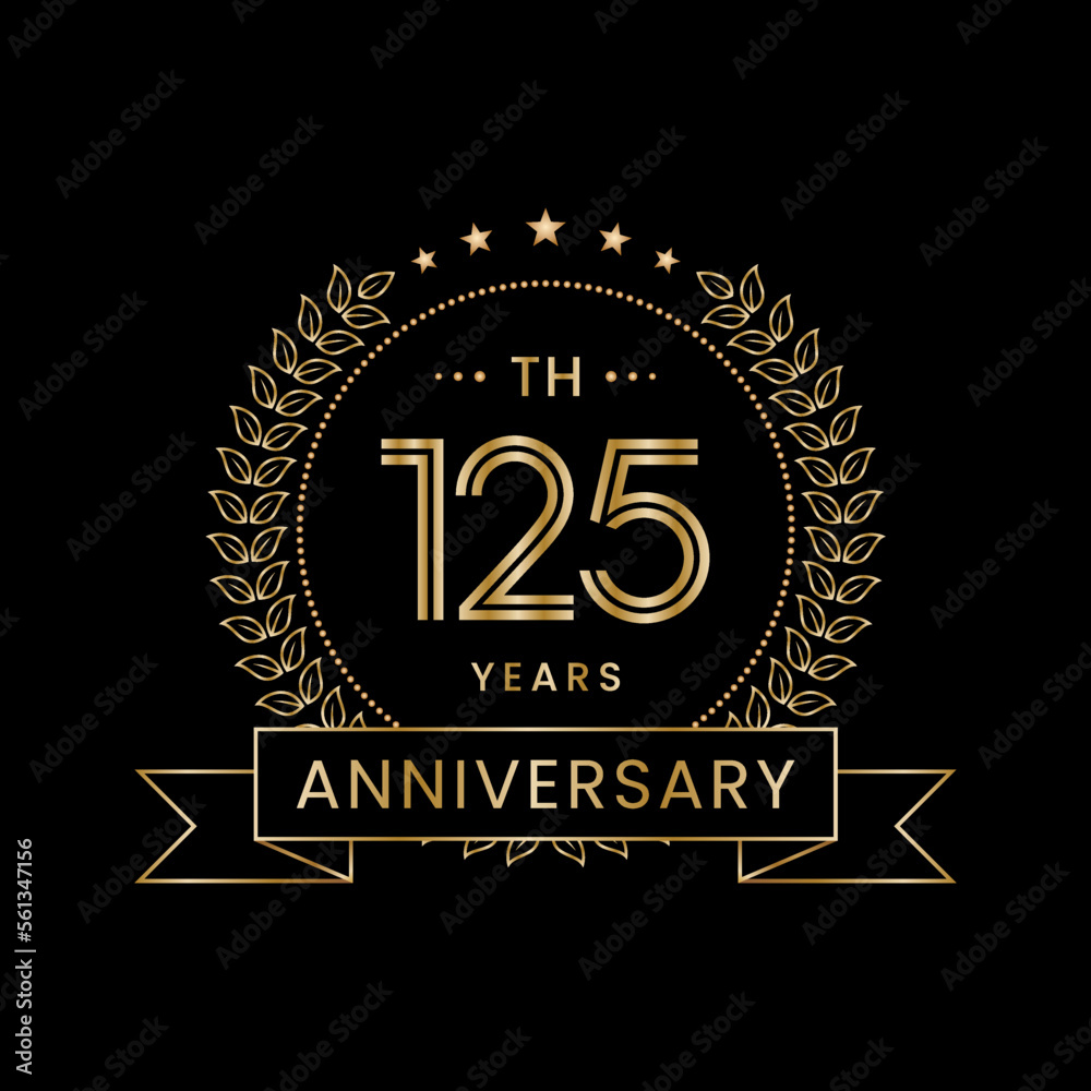 125th Anniversary logo design with laurel wreath for celebration event, invitation, banner, poster, flyer, greeting card. Line Art Design, Logo Vector Illustration