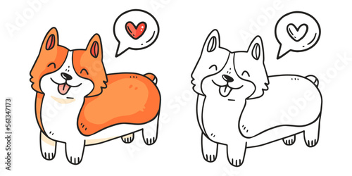 Happy corgi breed dog coloring book with an example of coloring for children. Coloring page with a dog with a heart. Monochrome and color version. Vector children's illustration.