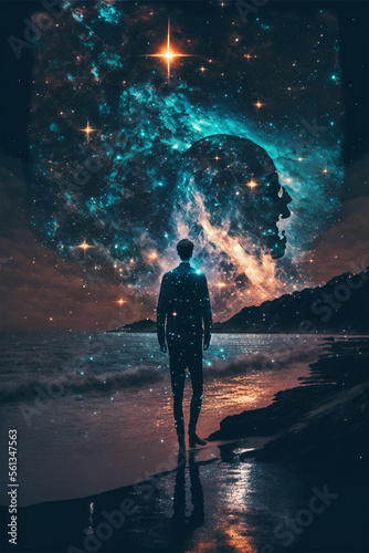 Surreal illustration depicting a person walking on a beach under a dark alien sky on another planet - generative ai