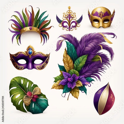 Fotografia Mardi Gras Elements Illustration Vector Set - Mask Feathers - Purple Green Gold
