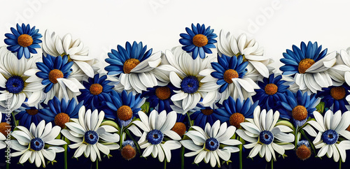 Flower border frame made of white and blue Daisy flowers on white background. Seamless Greeting floral card template with copy space. 