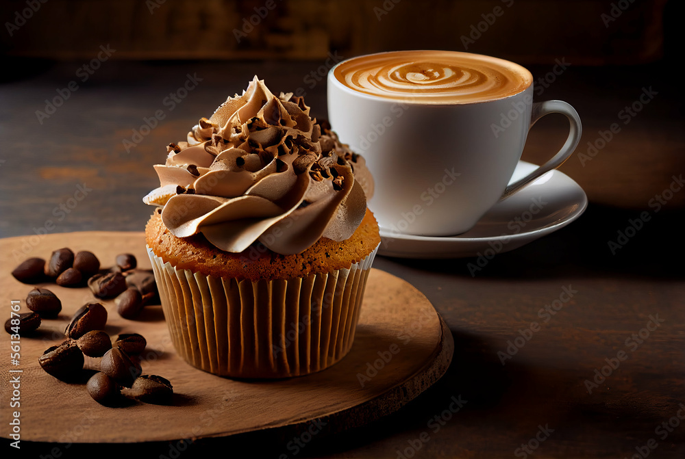 Generative AI Illustration of cupcake with topping with cappuccino coffee cup in the background. Сoffee house advertising banner backdrop digital art.. Generative AI Illustration of cupcake with topping with cappuccino coffee cup in the background. Сoffee house advertising banner backdrop digital art..