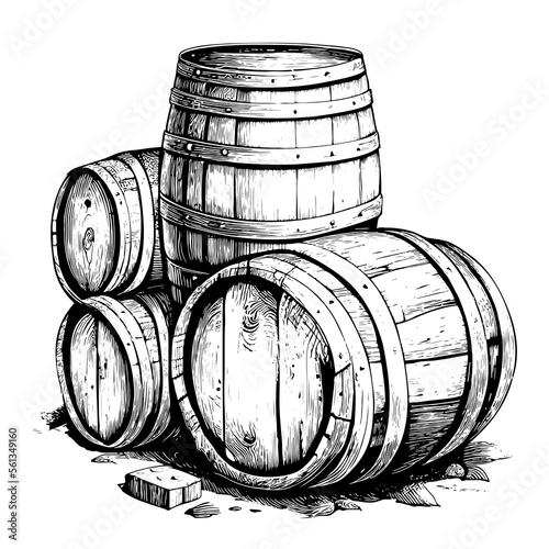 Tablou canvas Wooden barrels hand drawn sketch Winemaking