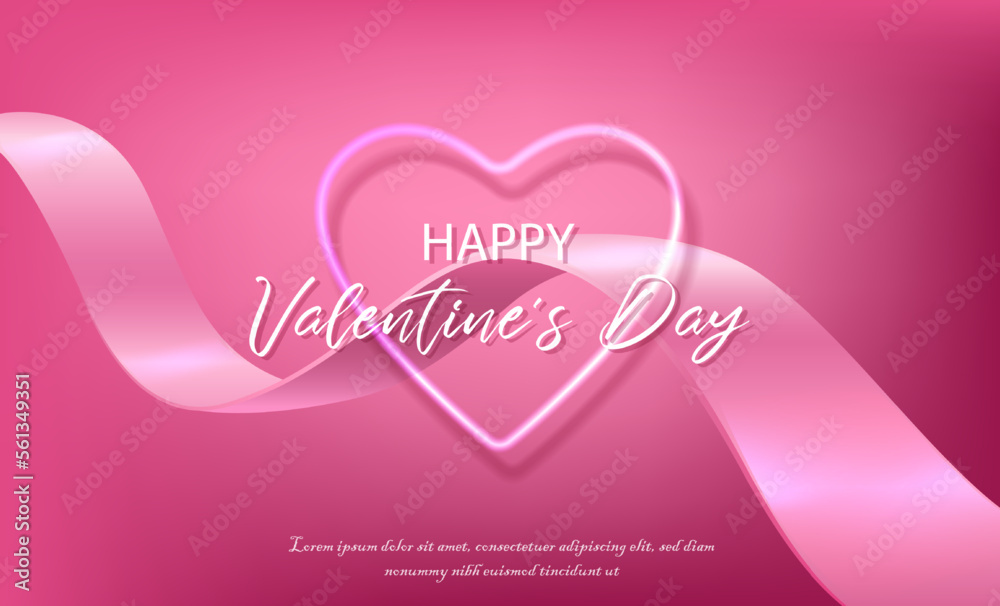 3d realistic vector Valentines banner. Romantic celebration banner, flyer, web, greeting card. Pink background with neon heart and ribbon.