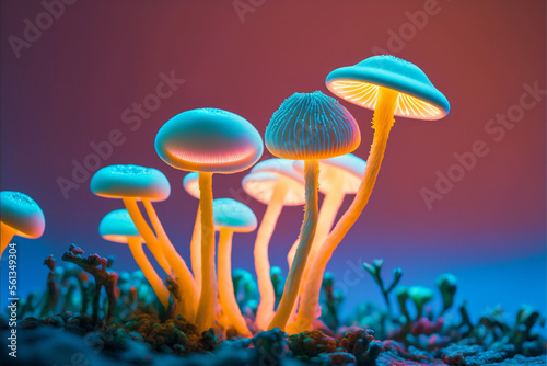 Close up illustration of bunch of colorful mushrooms, psychedelic, yellow and blue light - generative ai