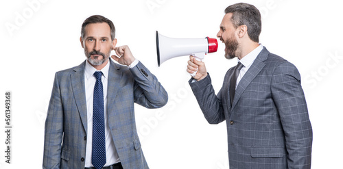 businessmen ignore shouting in megaphone isolated. businessmen ignore shouting in megaphone
