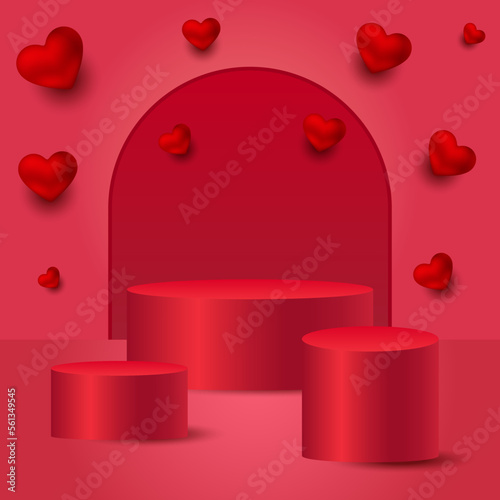 Vector Valentine's Day red cylinder pedestal podium platform. Product display presentation with heart symbol on pink background. Promotion and shopping template for love and Valentine's day concept