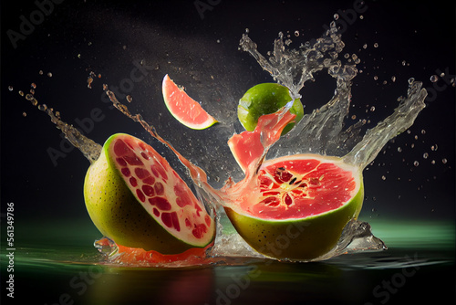 Guava fruit slices splashing into water - generative ai