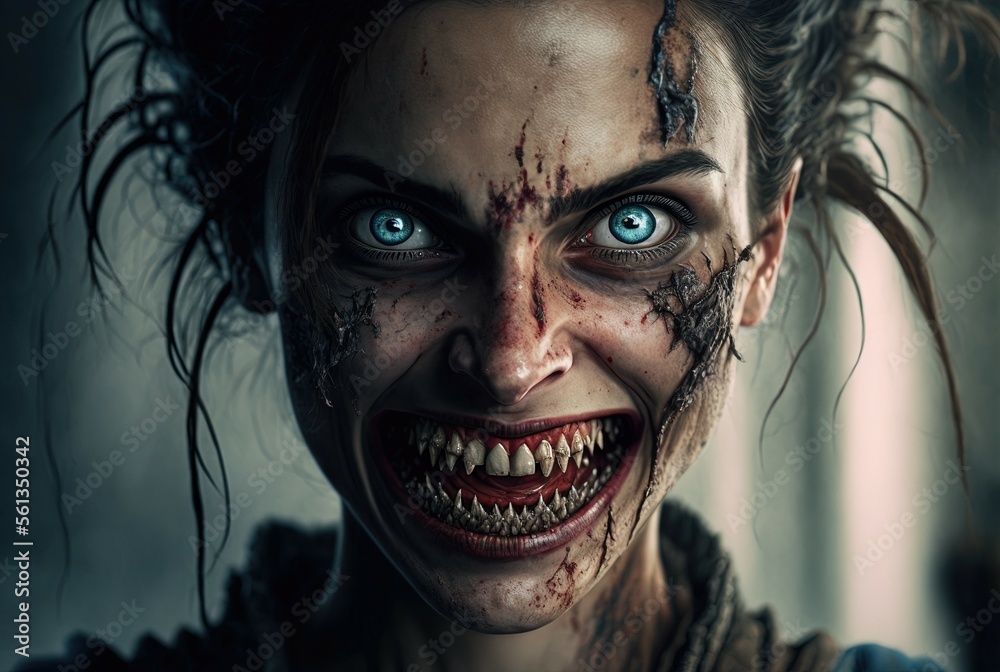 Scary Woman with Creepy Smile. Generative AI, non-existent person. Scary Woman with Creepy Smile. Generative AI, non-existent person.