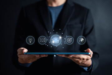 Man hand showing interface with learning educate and graduation concept. study knowledge to creative thinking idea and problem solving solution, E-learning online education course degree certificate