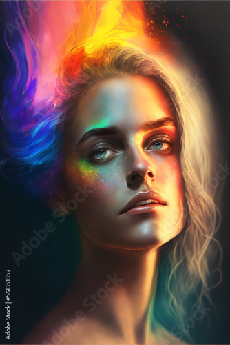 A girl with a rainbow light, abstract illustration - generative ai