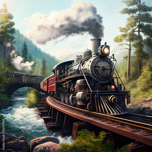 Fotografie, Obraz Steam train winding its way through a bridge - generative ai