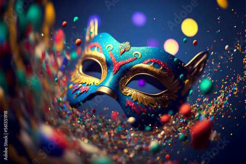 Brazilian carnival, mask and confetti. Generative Ai