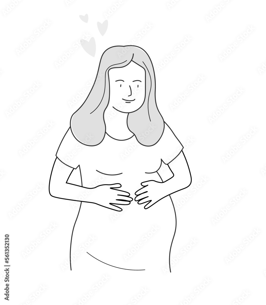 A pregnant girl hugs her stomach. A woman is expecting a baby. Vector line art graphics. A pregnant girl hugs her stomach. A woman is expecting a baby. Vector line art graphics.
