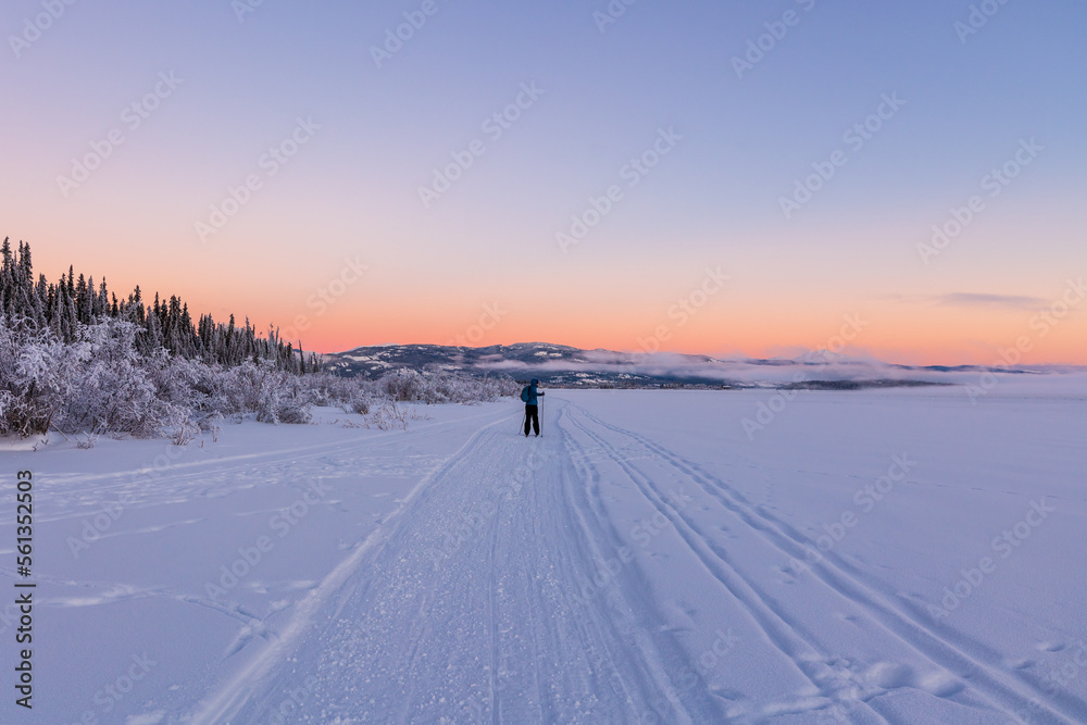 One person skiing on cross country ski trails during winter time at sunset. 
