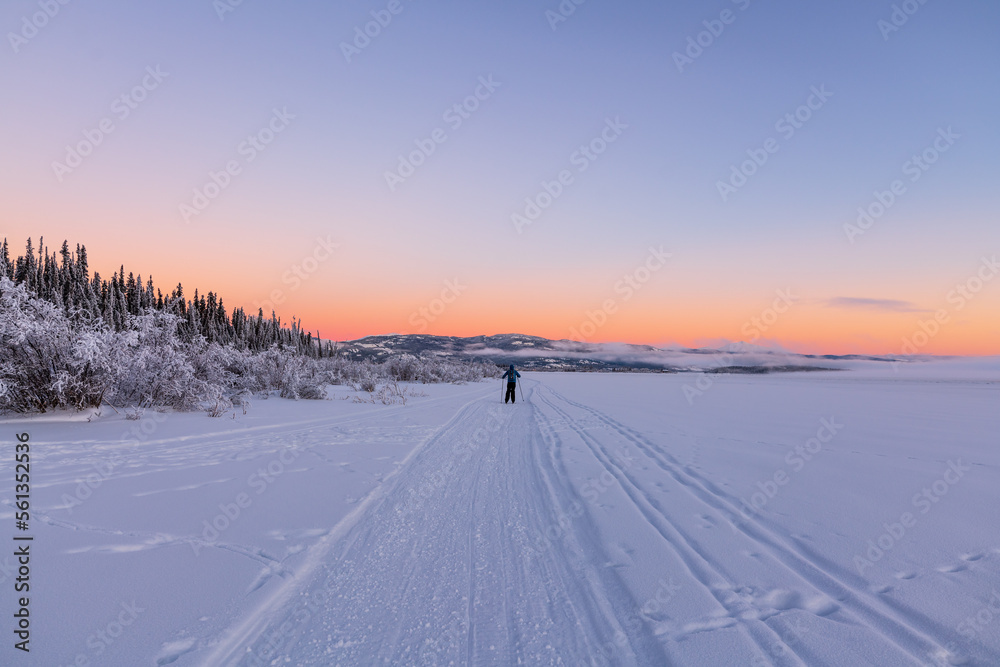 Incredible landscape views during winter with one person skiing, pastel sunset wilderness views. Incredible landscape views during winter with one person skiing, pastel sunset wilderness views.