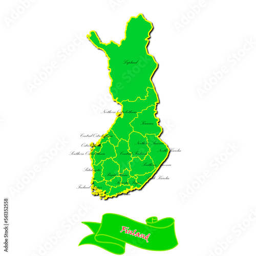 Vector map of Finland with subregions in green country name in red