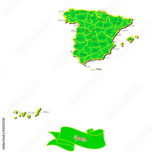 Vector map of Spain with subregions in green country name in red photo