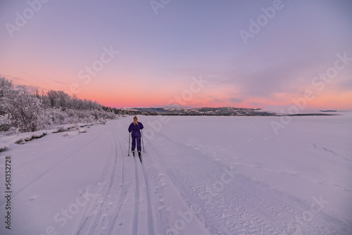 Amazing pastel sunset views along the Yukon River with one person skiing in distance with beautiful winter scenery. 