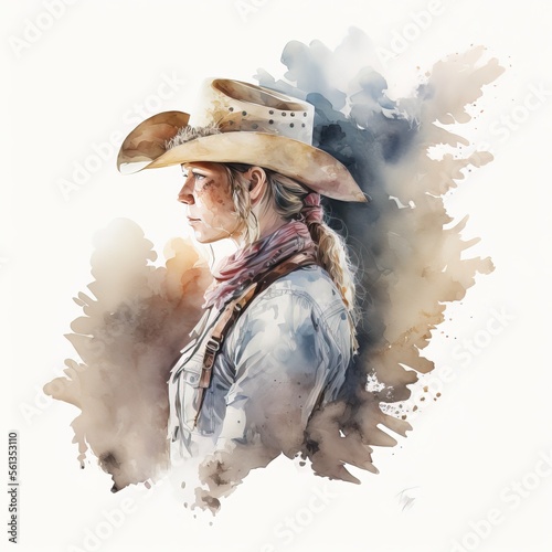 Woman with a cowboy hat. Cowgirl face. Portrait. watercolor Illustration. photo