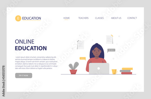 Online education. Girl with laptop. Landing page website design.