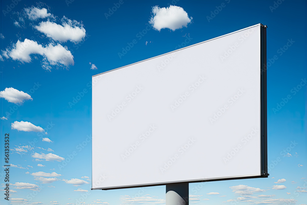Fototapeta premium Mockup blank white billboard, blue sky, white clouds. Generative AI