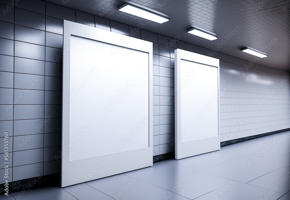 Two mockup blank white signs in underground subway. Generative AI Two mockup blank white signs in underground subway. Generative AI