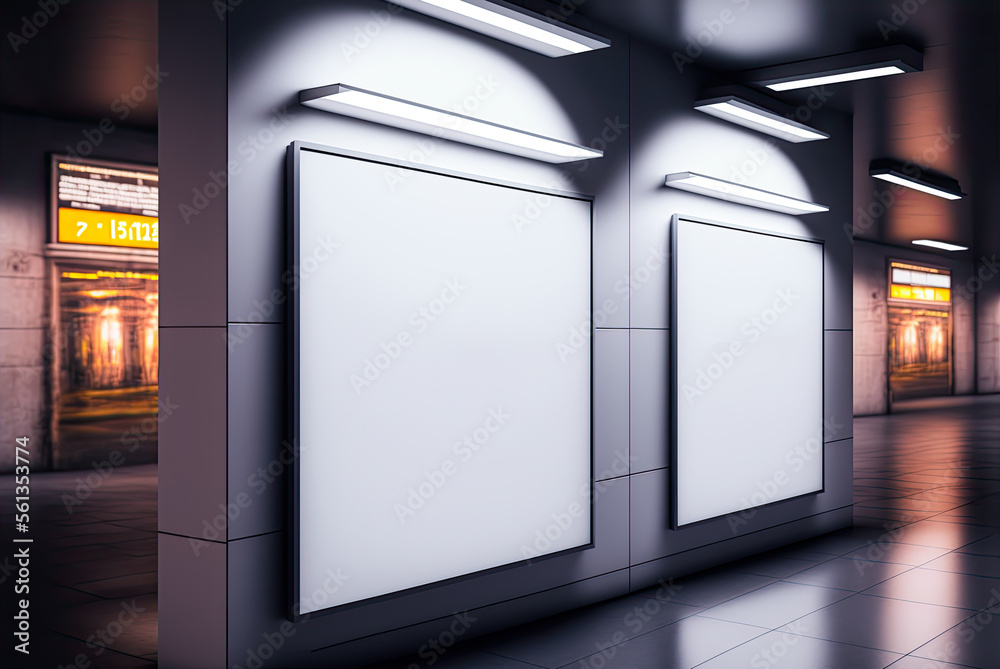 Two mockup blank white signs in underground subway. Generative AI Two mockup blank white signs in underground subway. Generative AI