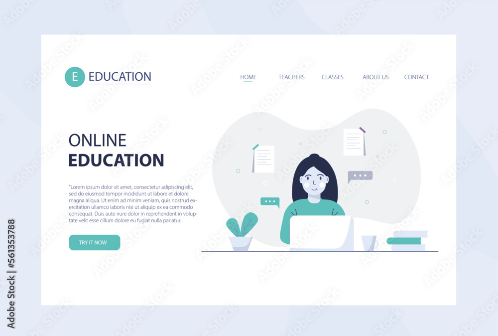 Online education. Girl with laptop. Landing page website design.