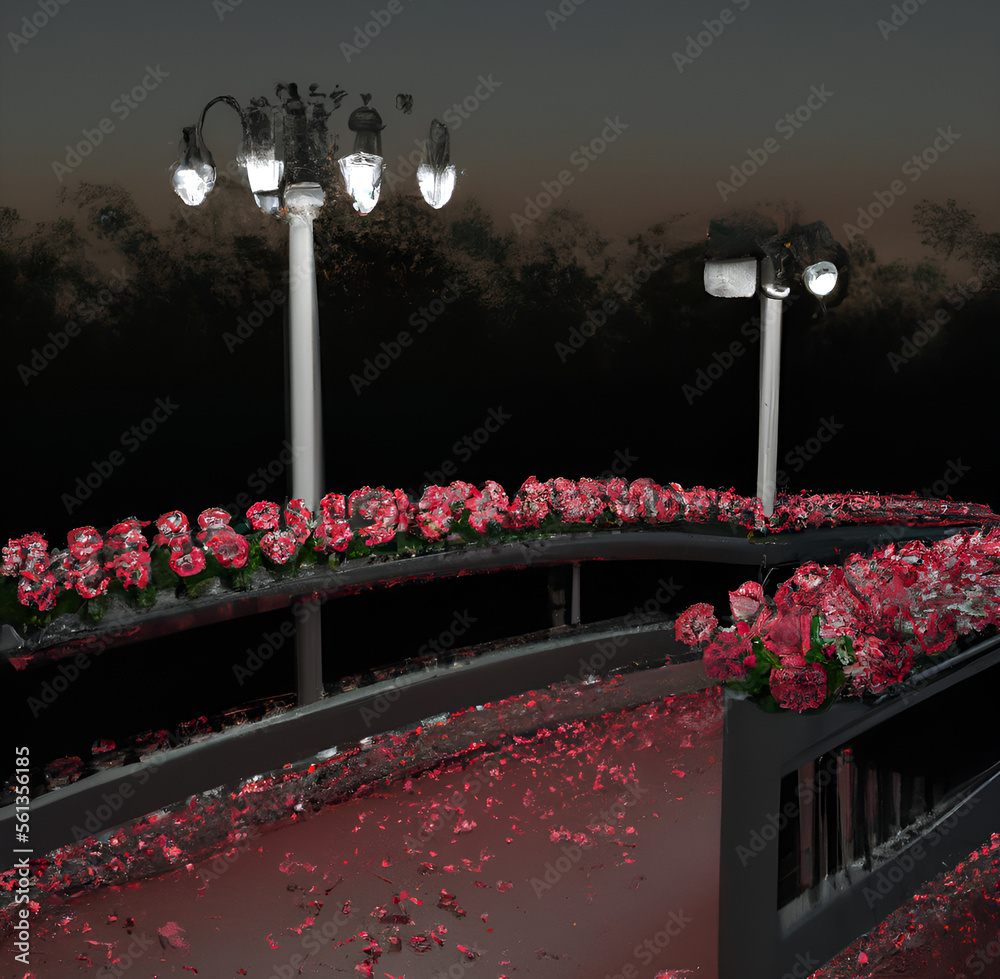 Bridge with roses with dark background 3d render