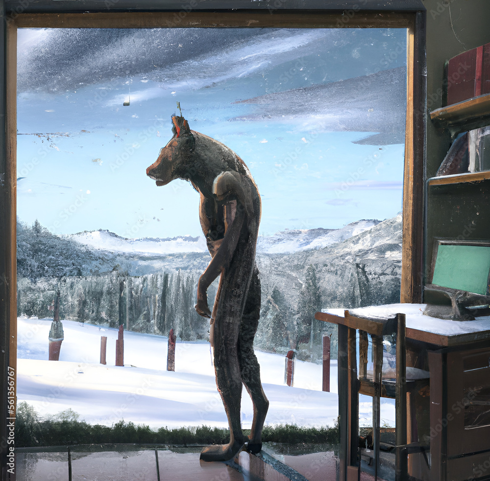 Hybrid half man and half wolf in mythologie standing close to window during winter, illustration