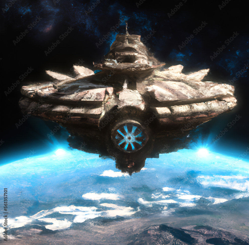 Spaceship above the earth Future vision 3D illustration