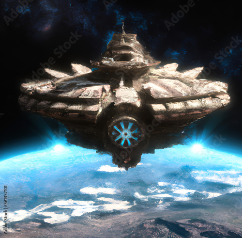 Obraz na płótnie Spaceship above the earth Future vision 3D illustration w salonie