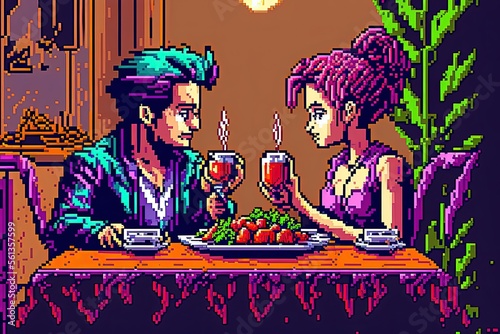 Pixel art of loving couple having romantic dinner