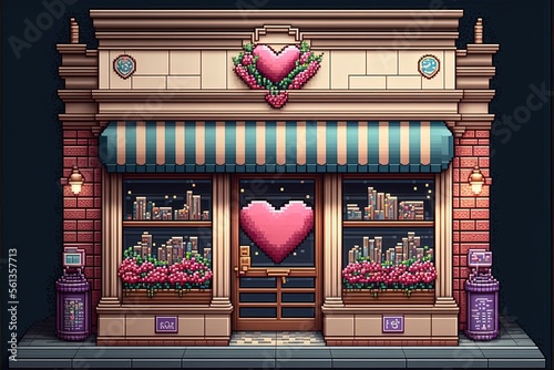 Pixel art store front facade with valentine's decor, background in retro style for 8 bit game, Generative AI photo