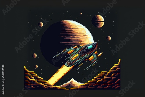 Pixel art of spaceship flying over planets, background in retro style for 8 bit game, Generative AI