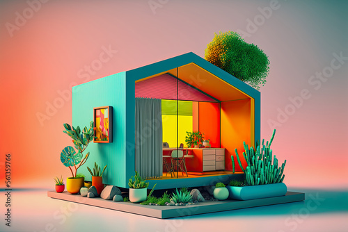 Fototapeta Naklejka Na Ścianę i Meble -  ai midjourney generated 3d render illustration of a tiny turquoise house model