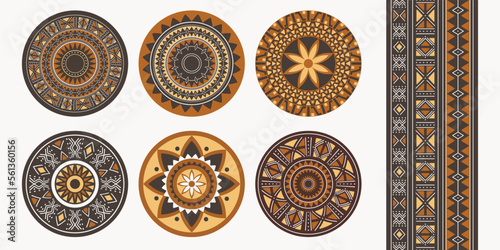 Set of African decorative elements. Round ornament pattern. Collection of mandalas in tribal style.