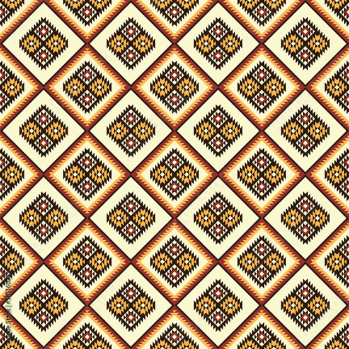 Seamless ethnic pattern background with geometric ornament. Fabric design, wallpaper, wrapping.