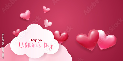 Valentine's Day illustration with voluminous hearts and paper clouds on red background